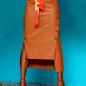 PU Micro-Elasticity Plain Regular Fit Elegant Faux Leather Midi Skirt, Skirts, color:Orange|size:XXL, Stylewe