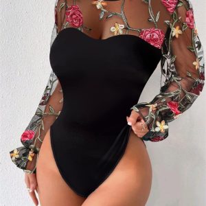 Floral Embroidery Sheer Mesh Bodysuit, Bodysuit, chicme - Women's Fashion Online