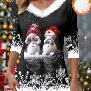 Casual Christmas Snowman V Neck Long Sleeve T-shirt, T-shirts, color:Black|size:XXL, Noracora