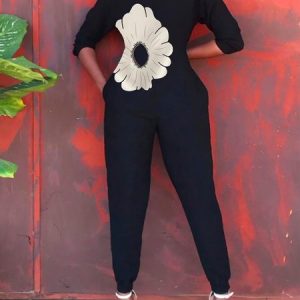 Regular Fit Pocket Stitching Casual Crew Neck Long Sleeve Jumpsuit, Jumpsuits, color:Black|size:XXL, Stylewe