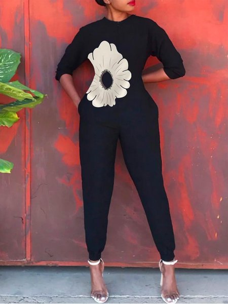 Regular Fit Pocket Stitching Casual Crew Neck Long Sleeve Jumpsuit, Jumpsuits, color:Black|size:XXL, Stylewe