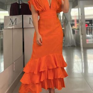 Short Sleeve Plain Flouncing Urban Regular Fit Dress, Maxi Dresses, color:Orange|size:XXL, Stylewe