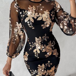 Sequin Floral Pattern Decor Sheer Mesh Spliced Zipper Back Mini Party Dress, women Party Dresses, ChicMe catalog