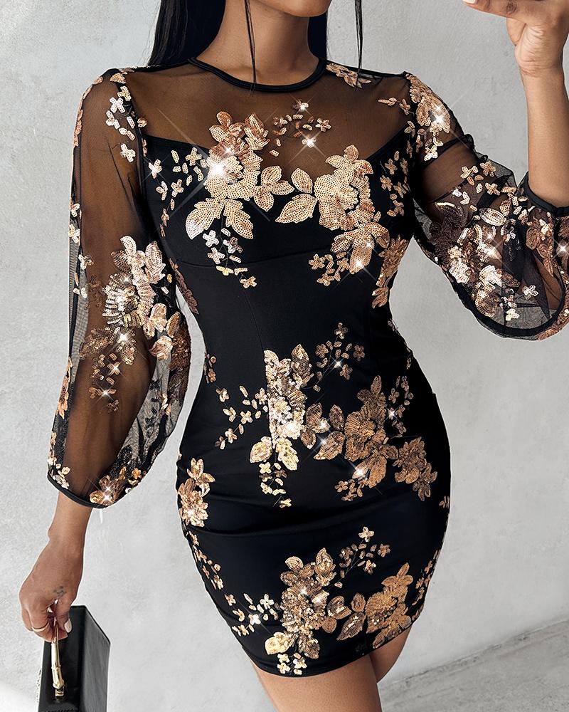Sequin Floral Pattern Decor Sheer Mesh Spliced Zipper Back Mini Party Dress, women Party Dresses, ChicMe catalog