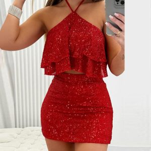 Halter Ruffles Allover Sequin Top & Skorts Set, Two-piece Sets, chicme - Women's Fashion Online