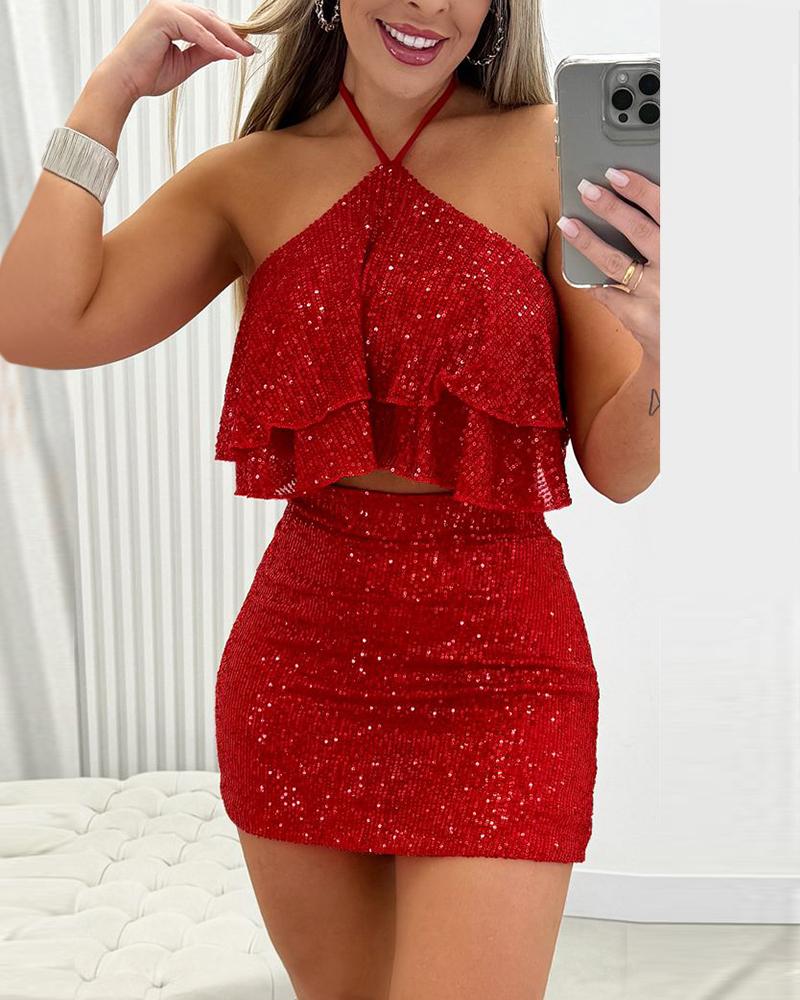 Halter Ruffles Allover Sequin Top & Skorts Set, Two-piece Sets, chicme - Women's Fashion Online
