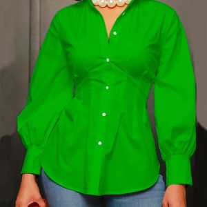 Shirt Collar Urban Plain Long Sleeve  Blouse, Blouses and Shirts, color:Green|size:XS, Stylewe