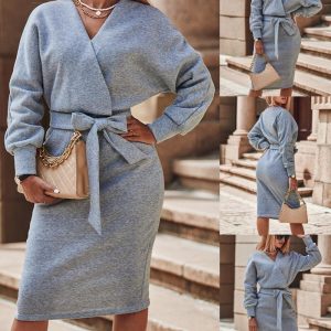 Lantern Sleeve Belted Wrap Sweatshirt Dress, Casual Dresses, chicme - Women's Fashion Online