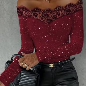 Glitter Off Shoulder Eyelash Lace Patch Top, T-shirt & Tees, chicme - Women's Fashion Online