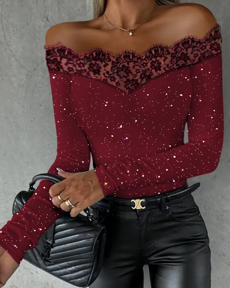 Glitter Off Shoulder Eyelash Lace Patch Top, T-shirt & Tees, chicme - Women's Fashion Online