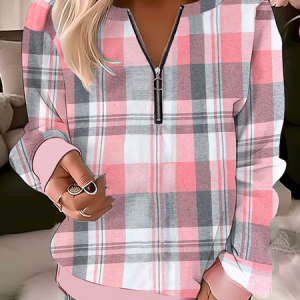 Casual Notched Plaid Sweatshirt Zipper, Hoodies & Sweatshirts, color:Pink|size:XXL, Noracora