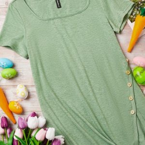 Basics Plain Square Neck Short Sleeve T-Shirt, T-shirts, color:Green|size:XXL, catalog Noracora shop