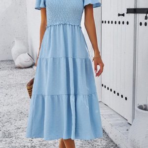 Women Plain V Neck Short Sleeve Comfy Casual Midi Dress, Dresses, color:Sky Blue|size:XL, Noracora