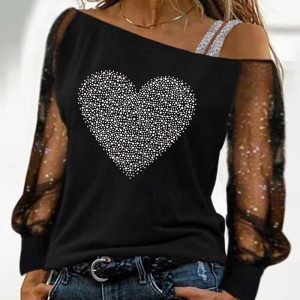 Rhinestone Heart Pattern Glitter Mesh Patch Top, T-shirt & Tees, chicme - Women's Fashion Online