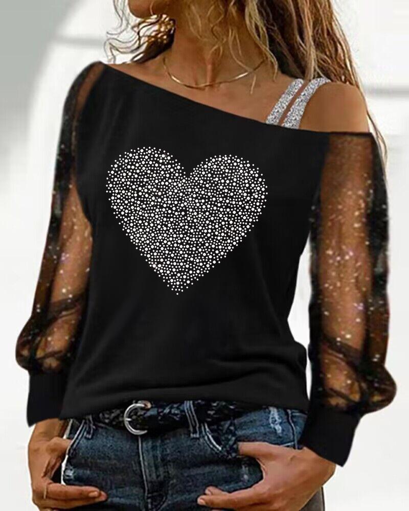 Rhinestone Heart Pattern Glitter Mesh Patch Top, T-shirt & Tees, chicme - Women's Fashion Online