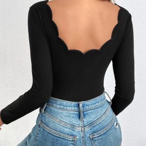 Crew Neck Long Sleeve Plain Regular Micro-Elasticity Regular Fit Shirt For Women, Blouses, color:Black|size:XXL, Noracora