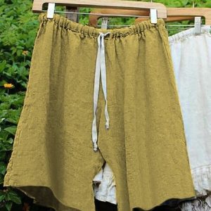 Summer Elastic Waistband Solid Drawstring Linen Short, Shorts, color:Khaki|size:5XL, Noracora