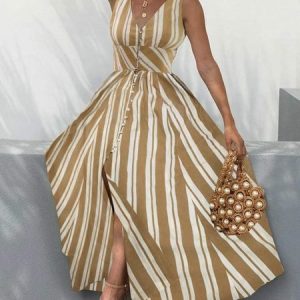 Stylewe Striped Dress Vacation V Neck Sleeveless Dress, Maxi Dresses, color:Apricot|size:XXL, Stylewe