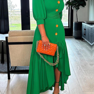 Shirt Collar Lightweight Plain Elegant Regular Fit Maxi Dress With Belt, Maxi Dresses, color:Green|size:XXL, Stylewe