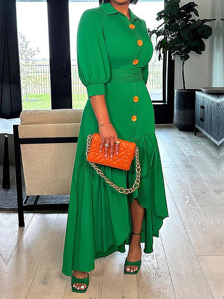 Shirt Collar Lightweight Plain Elegant Regular Fit Maxi Dress With Belt, Maxi Dresses, color:Green|size:XXL, Stylewe