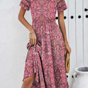 Women Small Floral Lace Collar Short Sleeve Comfy Casual Midi Dress, Vacation Dresses, color:Pink|size:XXL, Noracora