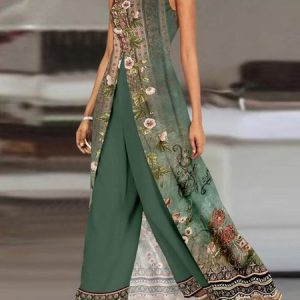 Women Floral Crew Neck Sleeveless Comfy Casual Top With Pants Two-Piece Set, Sets, color:Green|size:XXL, Noracora