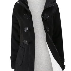 Women Horn Button Coton Fleece Hooded Duffle Coat, Coats, color:Black|size:5XL, Noracora