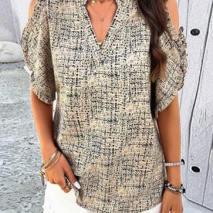 V Neck Short Sleeve Geometric Regular Loose Shirt For Women, Blouses, color:Khaki|size:XL, Noracora