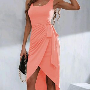 Casual Sleeveless Tank Midi Dresses U-Neck Ruched Tie Waist Wrap Summer Dress, women Casual Dresses, ChicMe catalog
