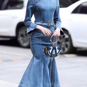 Stand Collar Elegant Plain Denim Dress, Midi Dresses, color:Blue|size:XXL, Stylewe