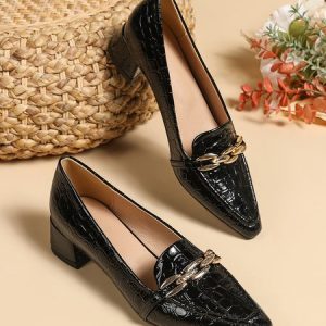 Elegant Crocodile Embossed Chain-Decor Commuting Low Heel Loafers, Heels, color:Black|size:43, Stylewe