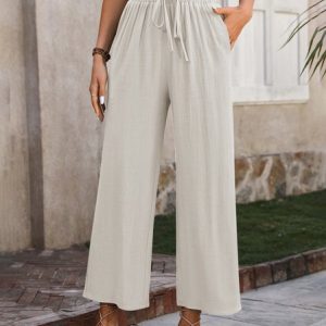 Casual Plain Long Pant, Pants, color:Off White|size:XL, Noracora