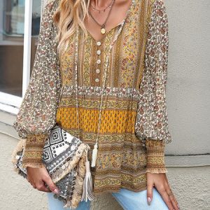 V Neck Long Sleeve Ethnic Regular Loose Shirt For Women, Blouses, color:Yellow|size:XL, Noracora