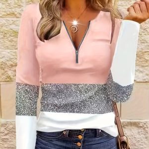 Casual Color Block V Neck Long Sleeve T-shirt, T-shirts, color:Multicolor|size:XXL, Noracora