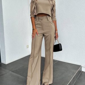 Mock Neck Crop Top & Pocket Design Buttoned Work Pants Set, Two-piece Sets, chicme - Women's Fashion Online