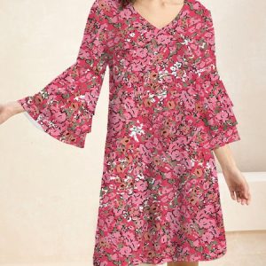 Women Floral V Neck Three Quarter Sleeve Comfy Casual Short Dress, Dresses, color:Red|size:XXL, Noracora