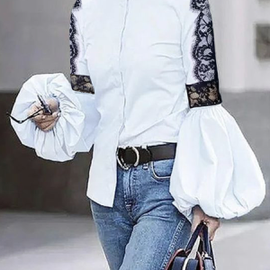 Stand Collar Long Sleeve Color Block Regular Fit Urban Blouse, Blouses and Shirts, color:White|size:XXL, Stylewe
