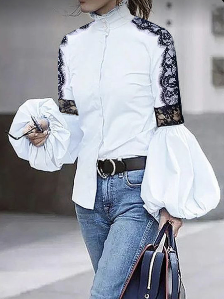 Stand Collar Long Sleeve Color Block Regular Fit Urban Blouse, Blouses and Shirts, color:White|size:XXL, Stylewe