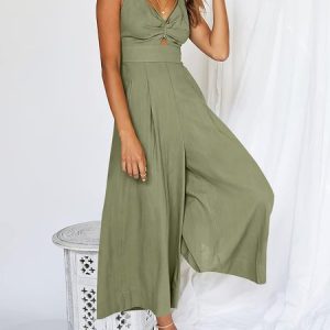 Women Sleeveless V Neck Loose Long Daily Casual Plain Natural Jumpsuit, Jumpsuits&Rompers, color:Army Green|size:XXL, Noracora