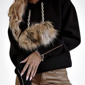 Zipper Design Pom Pom Hoodie, Sweats & Hoodies, chicme - Women's Fashion Online