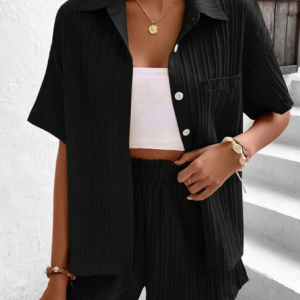 Women Plain Shirt Collar Short Sleeve Comfy Casual Top With Pants Two-Piece Set, Sets, color:Black|size:XL, Noracora