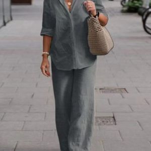 Women Plain Shirt Collar Short Sleeve Comfy Casual Top With Pants Two-Piece Set, Sets, color:Gray|size:5XL, Noracora