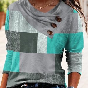 Casual Color Block V Neck Long Sleeve T-shirt, T-shirts, color:Green|size:5XL, Noracora