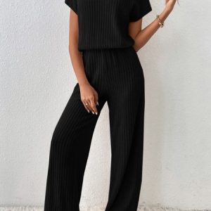 Women Plain Crew Neck Short Sleeve Comfy Casual Top With Pants Two-Piece Set, Sets, color:Black|size:XL, Noracora