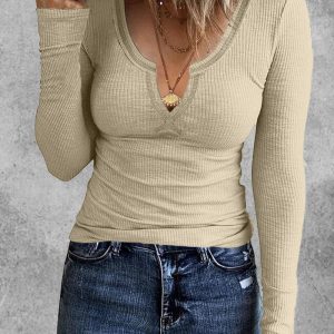 Notch Neck Long Sleeve Top, women T-shirt & Tees, ChicMe catalog