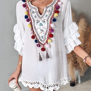 Tribal Embroidery Pom Pom Crochet Lace Casual Dress, Casual Dresses, chicme - Women's Fashion Online