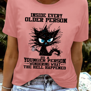 Women's funny grumpy cat Inside Every Older Person Is A Younger Person Letters Casual Crew Neck T-Shirt, T-shirts, Lilicloth.com