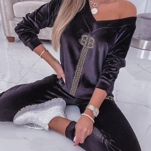 Rhinestone Geometric Letter Pattern Velvet Top & Pants Set, Two-piece Sets, chicme - Women's Fashion Online