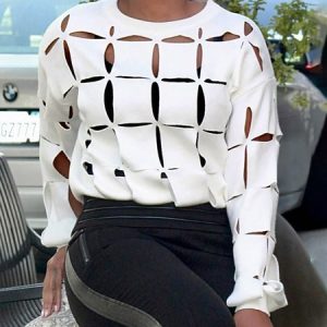 Plain Regular Fit Urban Crew Neck Sweater, Tees, color:White|size:XXL, Stylewe
