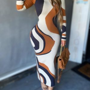 Urban Abstract Crew Neck Regular Fit Long Sleeve  Dress, Maxi Dresses, color:As Picture|size:XXL, Stylewe